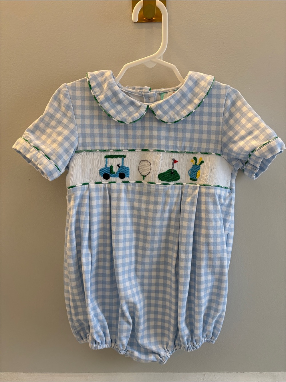 Blue Gingham Smocked Baby Bubble with Golf Embroidery